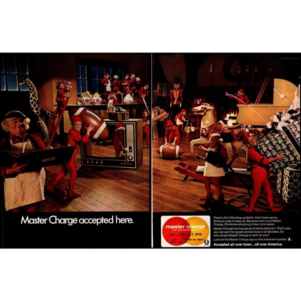 1970 Mastercard Master Charge Santa's Workshop Christmas 2 Page Vintage Print Ad